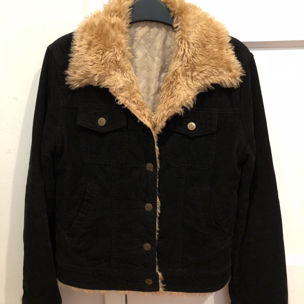 Black corduroy shearling trim jacket